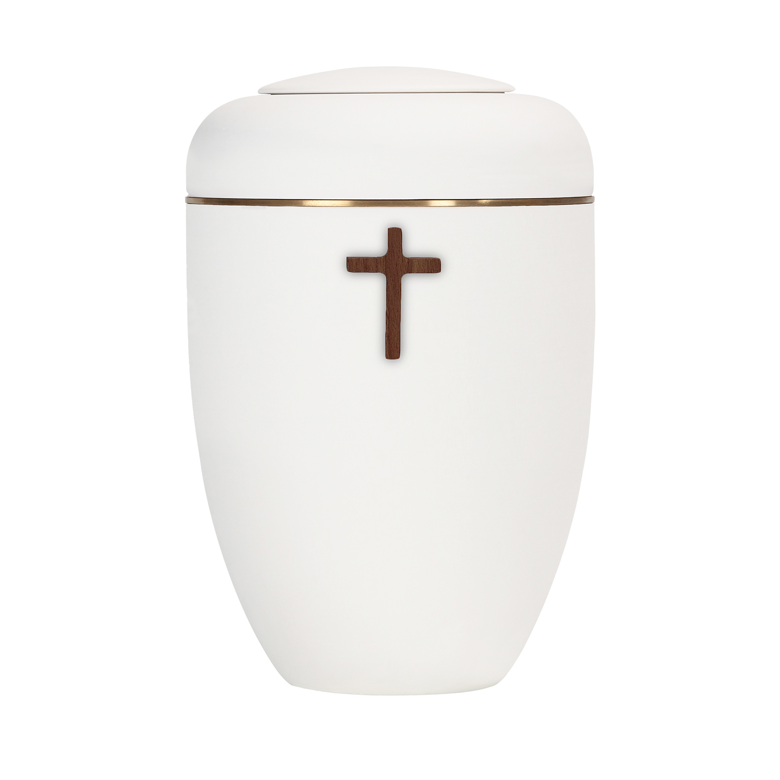 Cremeweiße Symbol-Urne mit Holzkreuz und Messingscheibe